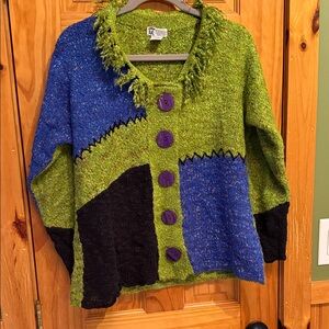 Glenmont Designs Vibrant Patchwork Cardigan with Unique Button Details, Size Med